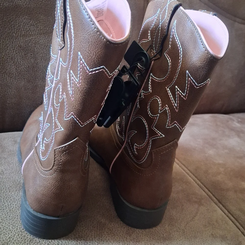 Wonder Nation Brown Western Cowgirl Boots with Pink Trim Girls' Size 5
